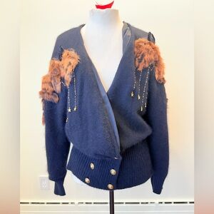 Vintage Marièlla black women's cardigan with fur accents and gold-toned buttons
